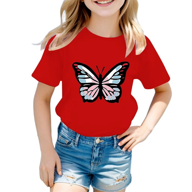 GPOECD Girls Summer Casual Cute Graphic Print Round Neck Short Sleeve Tee Shirt Top Red,3-4 Years