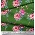 thumbnail image 2 of Soimoi Green Japan Crepe Satin Fabric Leaves & Ranunculus Floral Print Fabric by the Yard 42 Inch Wide, 2 of 3
