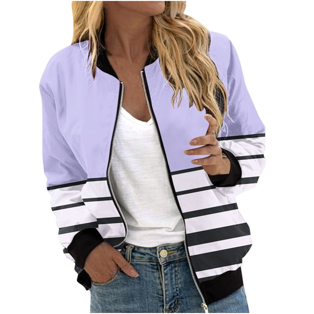 vdgthytj Fall Jackets for Women Long Sleeve Zip up Stand Collar Bomber Jacket Fall Trendy Color Block Striped Coat