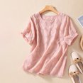 thumbnail image 2 of cfhntfmh Chemises en Lin pour Femmes Coton Mode Manches Courtes T-Shirts Ajourés Décontractés Broderie Col Rond Blouses Hauts, 2 of 3