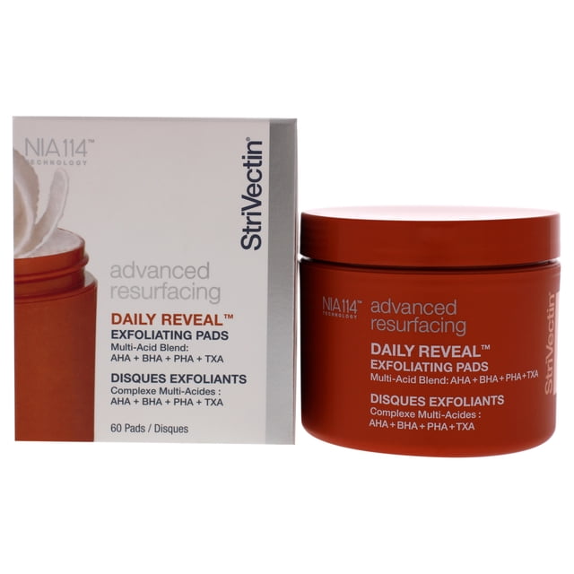 Tampons Exfoliants Daily Reveal par Strivectin pour Unisexe, Comprenant un Pot de 60 Unités et une Boîte Assortie. le Produit Est Conçu pour un Resurfaçage Avancé avec un Mélange Multi-Acides d'AHA, BHA, PHA et TXA pour Exfolier en Douceur les Cellules Mortes de la Peau, Illuminer la Peau et Affiner la texture. l'Emballage Met en Valeur la Technologie NIA-114 et Est Présenté dans un Pot orange Élégant avec des accents Blancs et Argentés.