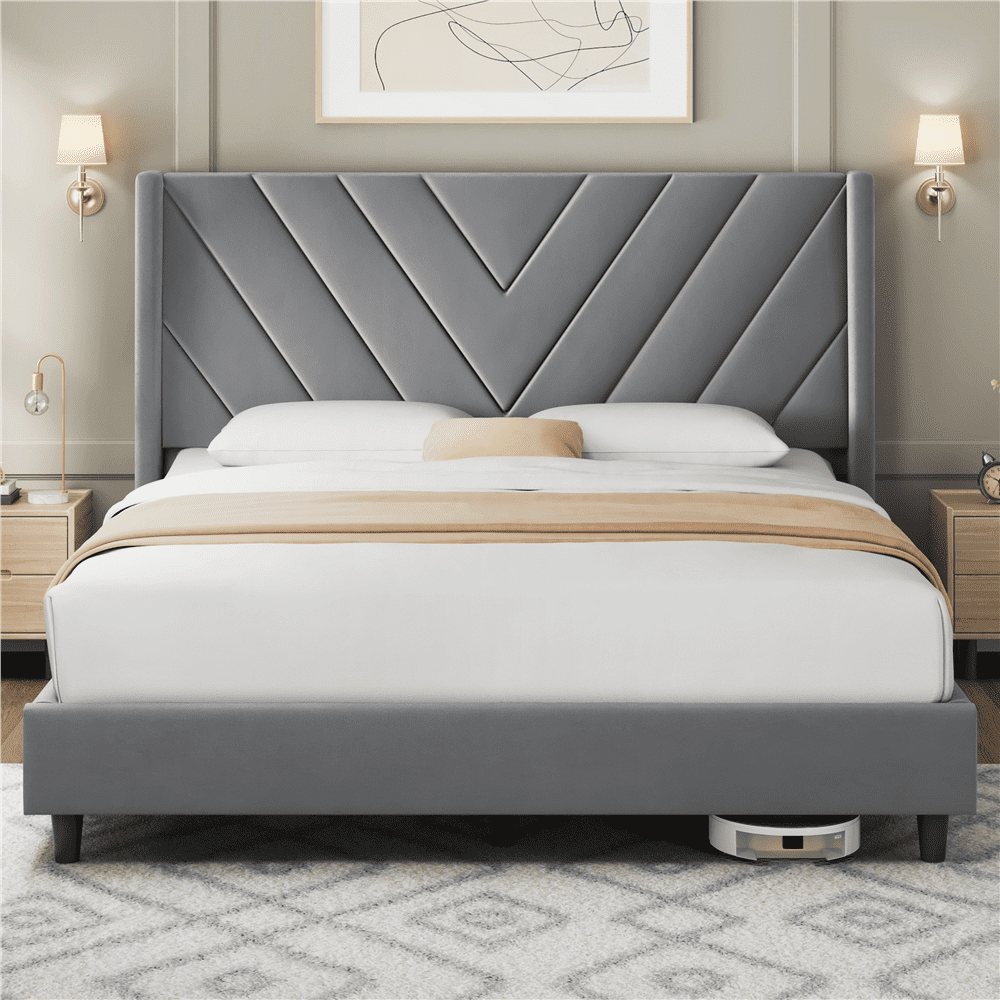 FullFurnique Upholstered Platform Bed Frame with Wooden Slat Support, Queen, Light Gray
