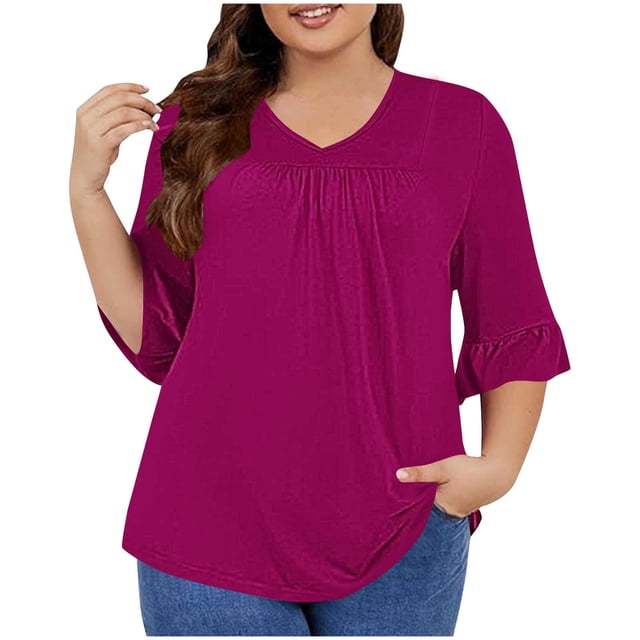 Timegard Plus Size Tops for Women V-Neck Ruched Ruffle 3/4 Sleeve Comfy Tee Shirts Casual Loose Tops