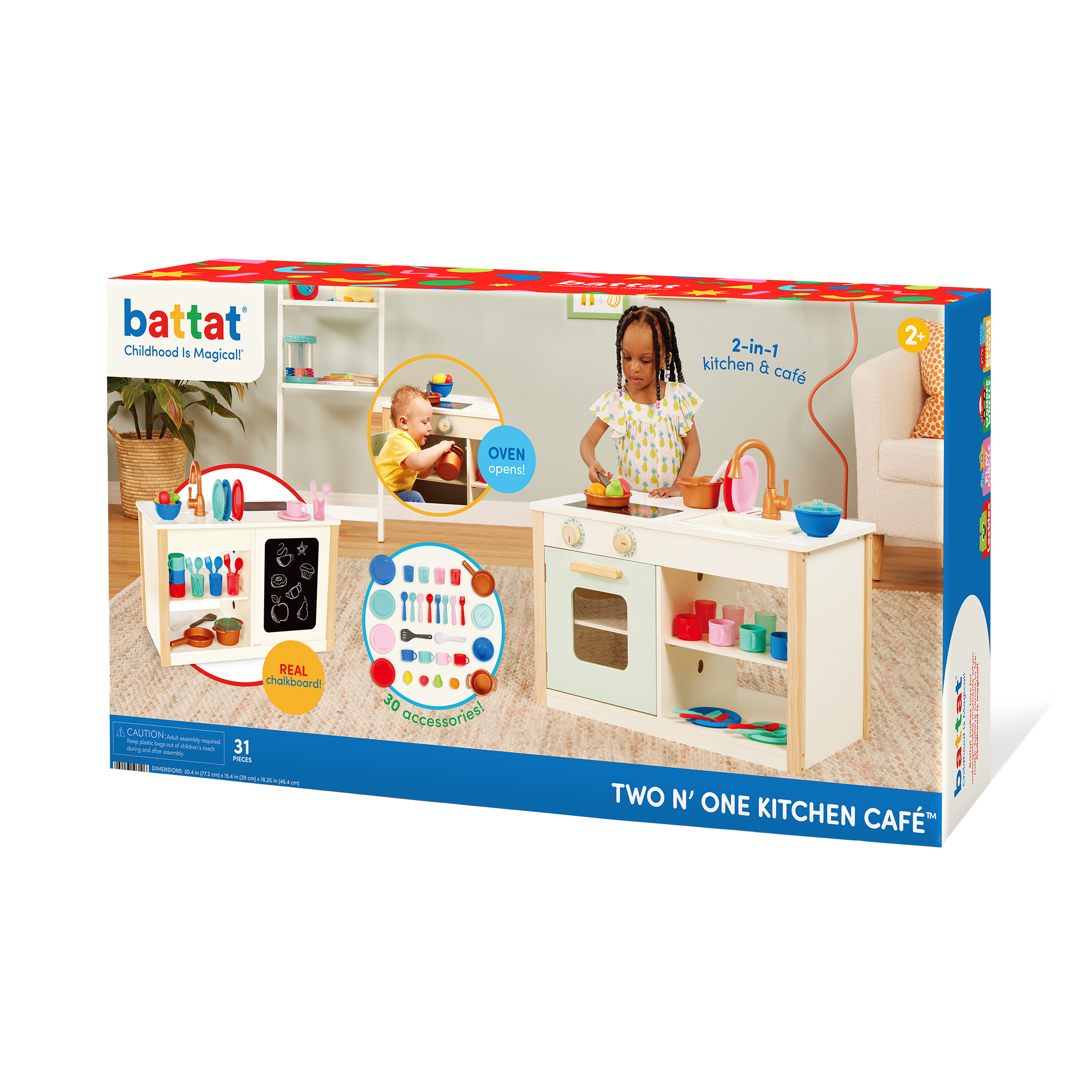 Two in One Wooden Kitchen Café with Dishes and Chalkboard, Toddler and Preschool Toys by Battat