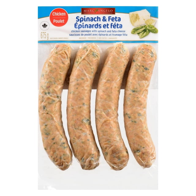 Marcangelo Chicken Sausages with Spinach and Feta Cheese, four uncooked sausages in clear vacuum-sealed packaging showing green spinach pieces, weighing 675 g, made in Canada with no added nitrites, ideal for grilling, frying, or adding to casseroles and pastas.