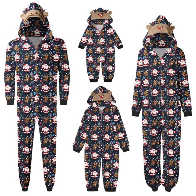 Christmas Family Matching Jumpsuits Pajamas Santa/Tree/Print Hooded Long Sleeve Zipper Onesie Rompers Pjs