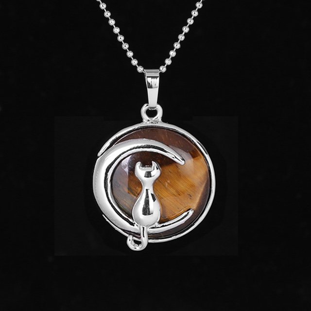 Women Necklace Cat on Moon Crystal Suspension Pendants Hardshell Charms
