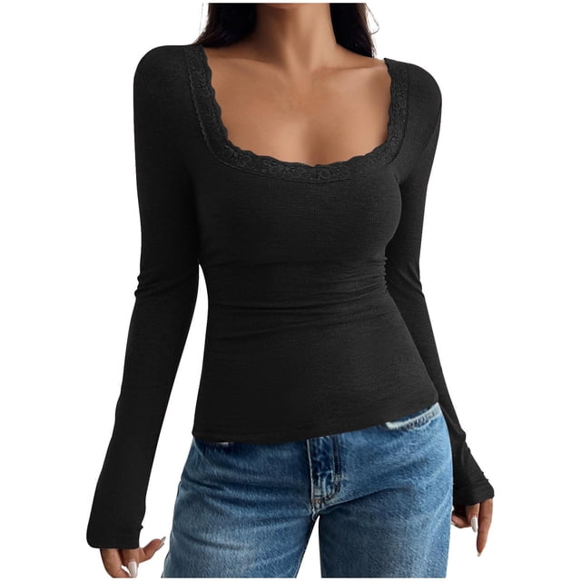 Timegard Going out Tops for Women Ribbed Lace Square Neck Slim Comfy Long Sleeve Shirts Tops Trendy