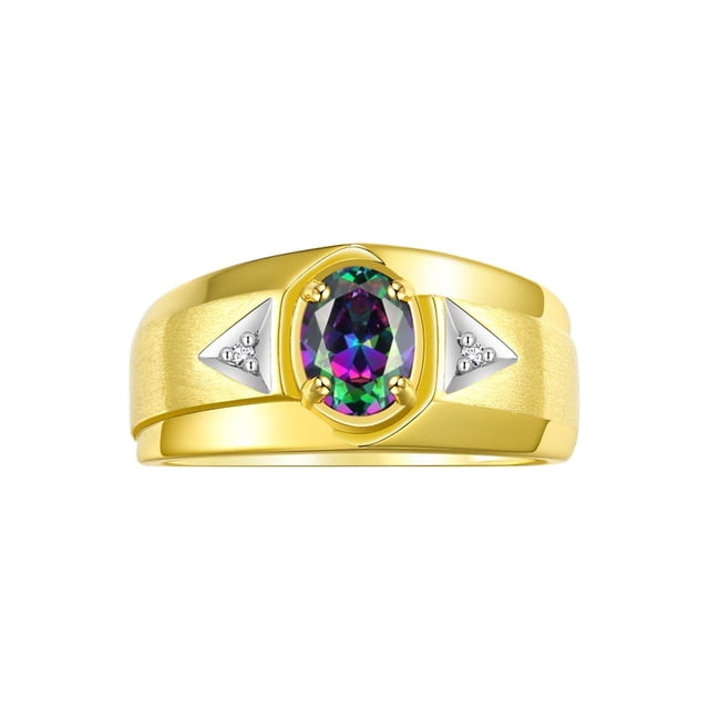 RYLOS Men's Rings 14K Yellow Gold Classic 7X5MM Oval Gemstone & Diamond Ring Alexandrite June Birthstone Rings For Men, Gold Rings Size 12