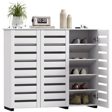 HOMCOM Armoire à Chaussures Étroite pour Entrée avec 3 Portes à Lattes, Blanc