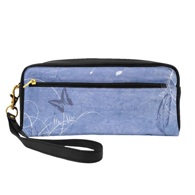 Sac de Maquillage Portable en Cuir, Petit Sac de Rangement Multifonctionnel, Trousse à Crayons Bleu Rétro