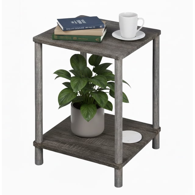 End Table, Side Table, Easy Turn Assembly in a modern minimalist design with a greyish taupe finish. This compact end table features a square top surface and a lower shelf for storage, ideal for books, plants, or décor. Made of sturdy MDF wood, it measures 15.8 inches by 15.8 inches with a height of 22 inches. The slim legs and clean-lined silhouette complement contemporary or Scandinavian décor. Lightweight and easy to assemble, it is perfect for small spaces like bedrooms or apartments.