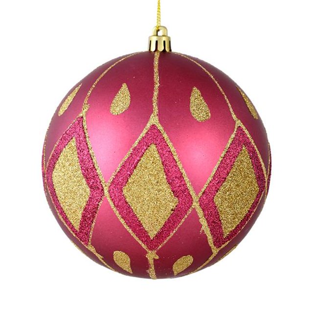 Vickerman N188121D 4.75 in. Berry Red Matte Ball Ornament with Glitter Diamond Pattern 4 per Pack