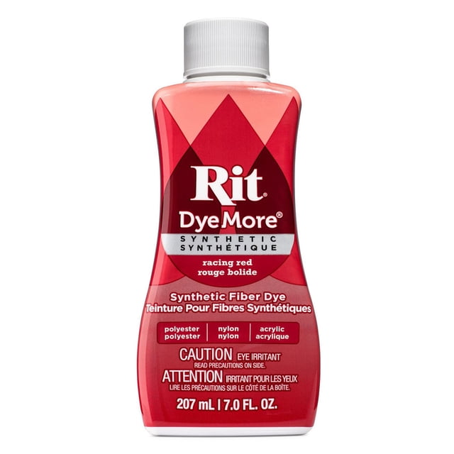 Rit Dyemore Liquid Dye for Synthetic Fibers in racing red, 207 ml (7 fl. oz.) bottle with white screw cap, designed for dyeing polyester, nylon, and acrylic fabrics, includes eye irritation caution, ideal for custom fabric dyeing projects.