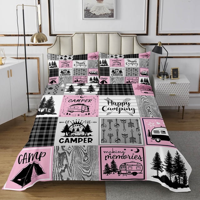 YST Girls Pink Camper Quilt Set King Happy Camping Bedspread Set,Rv Decor For Inside,Camper Accessories For Travel Trailers Coverlet Set,Black Grey Buffalo Plaid Pine Tree Bedding Set