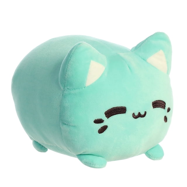 Aurora Stuffed Animals Tasty Peach-Meowchi Mint 7-inch kawaii plush toy inspired by Japanese rice mochi desserts. The mint green plush features a rounded, overstuffed design with embroidered facial expressions, including closed eyes and a small smile. Made with high-quality materials for a soft and fluffy texture, it includes bean pellets for stability and is suitable for all ages.