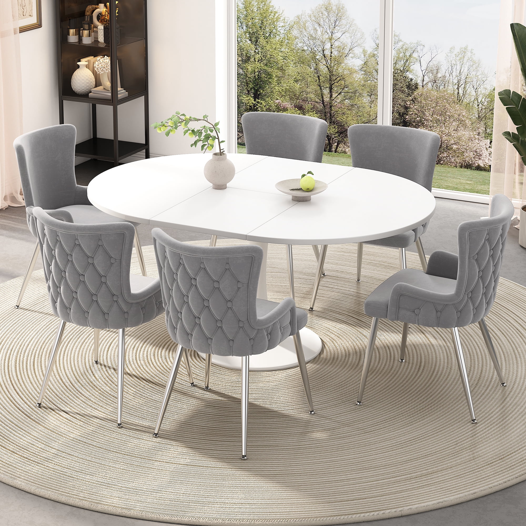 Noble House Ensemble de Salle à Manger Pcs, Table Ronde Extensible Blanche pour –6 avec Chaises en Velours, Pieds en Métal Dor
