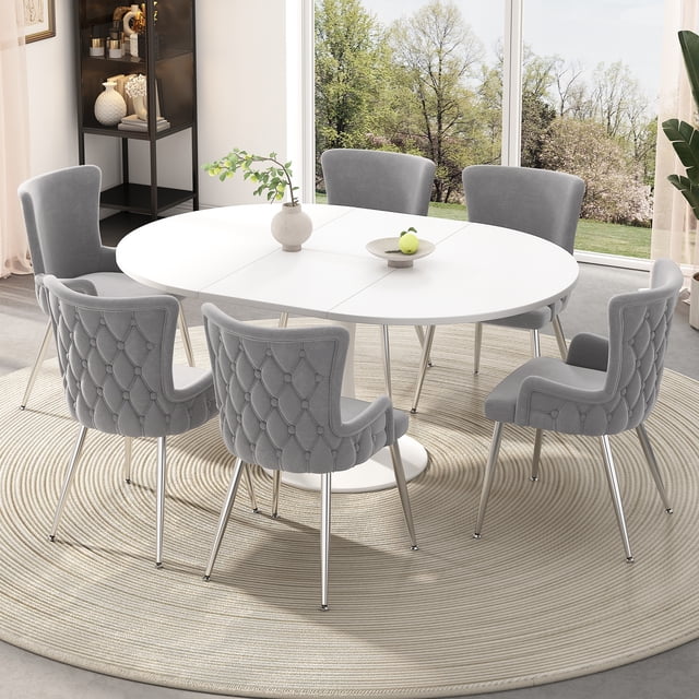 Noble House 7-Piece Dining Set, White Extendable Round Table for 4–6 with 6 Velvet Chairs, Gold Metal Legs, Gray