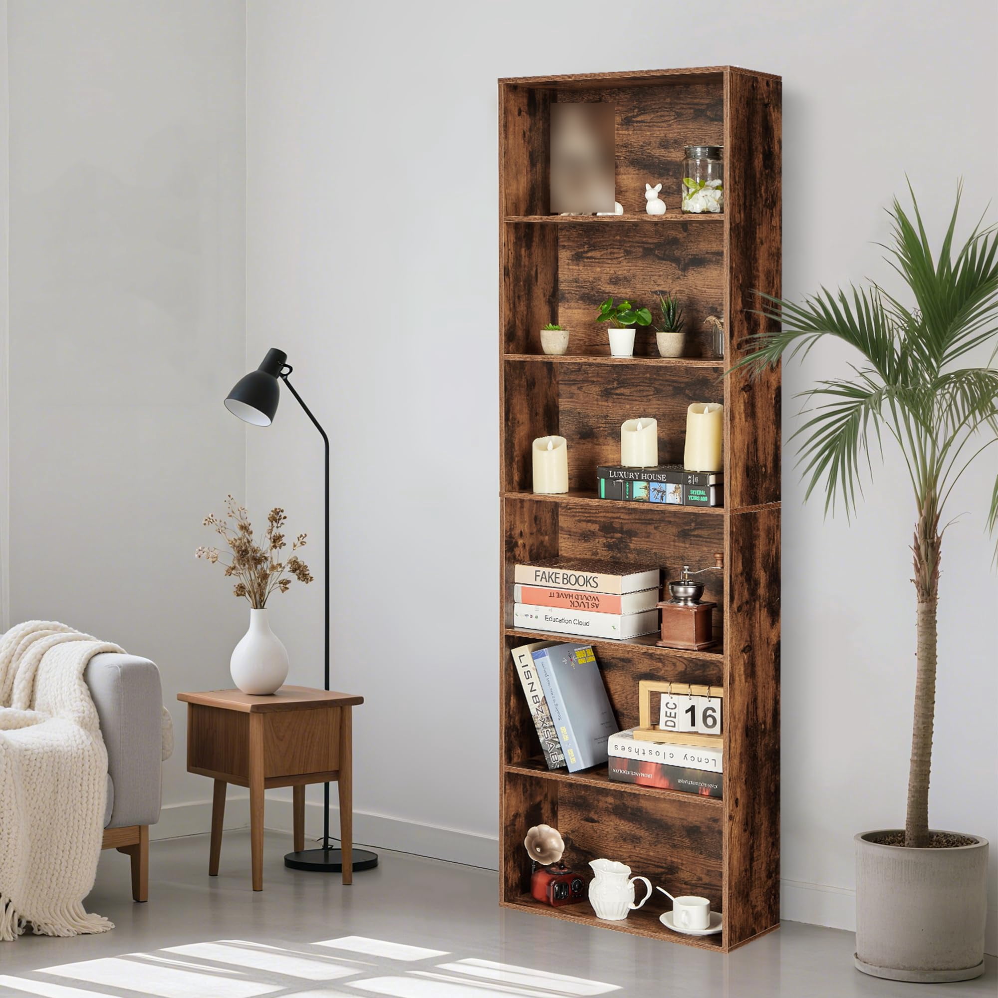 6 Tier Wood Bookcase, 71" Tall Freestanding Bookshelf, Floor Standing Open Display Rack, Storage Book Shelf for Living Room Home Office, Brown