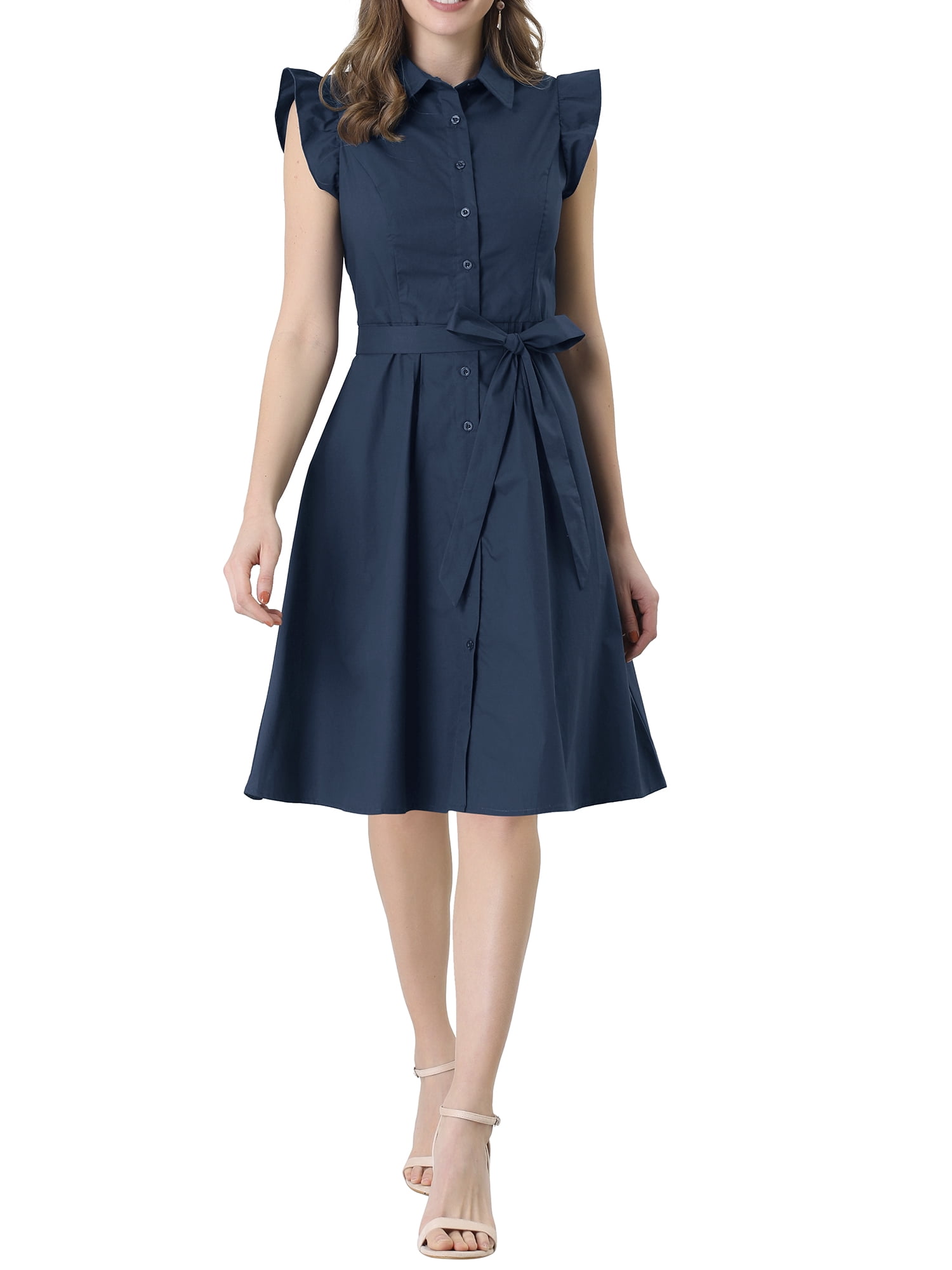 INSPIRE CHIC Robe-Chemise pour Femme Manches Courtes Col en Pointe Taille à Nouer Boutons Robes Mi-Longues Bleu Marine P