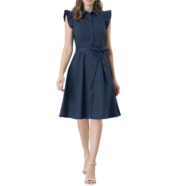 INSPIRE CHIC Robe-Chemise pour Femme Manches Cap Pointes Col à Pointes Taille à Nouer Boutons Robes Mi-Longues Bleu Marine TP