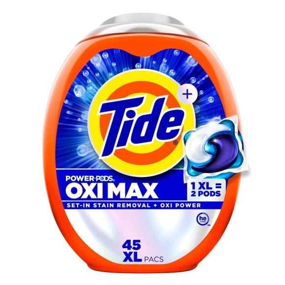 Tide Oxi Max Power PODS Capsules de Détergent à Lessive, Détachant Plus la Puissance d'Oxi, Pochettes de Savon Détergent pour la Lessive, compatible HE, 45 Unités