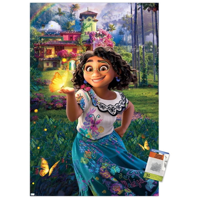 Disney Encanto - One Sheet Wall Poster, 22.375" x 34" depicting a young girl in a white blouse with black embroidered collar and a blue skirt adorned with colorful floral and butterfly embroidery, standing in a lush garden with flowers and tall palm trees. She holds a glowing yellow butterfly on her hand, with a vibrant house covered in pink flowers and a rainbow in the background, printed on glossy poster paper ideal for home décor and party decoration.