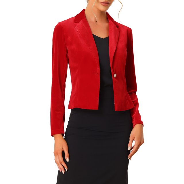 INSPIRE CHIC Blazer en Velours pour Femme, Col à Revers, Manches Longues, Boutonné, Veste de Tailleur pour le Travail, S Rouge