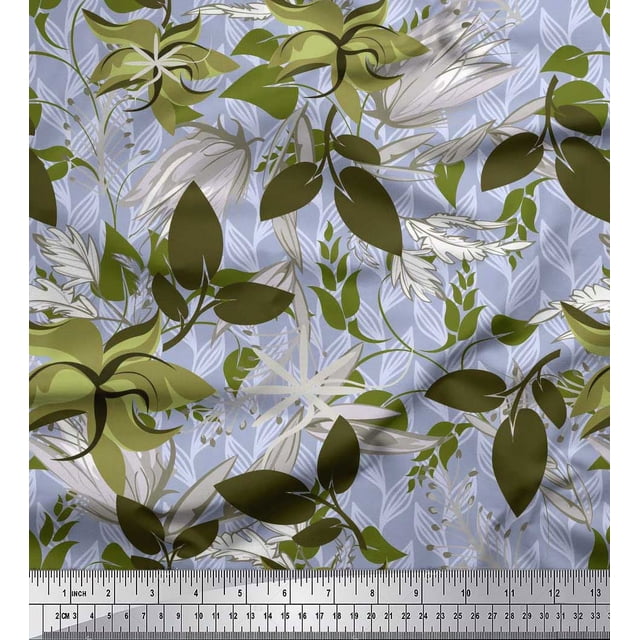 Soimoi Blue Modal Satin Fabric Artistic Leaves Print Fabric by the Yard 42 Inch Wide