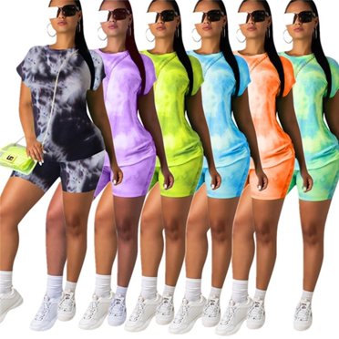 Ensemble de Survêtement Teinture sur Nœuds Femme 2 Pcs Vêtements de Festival Haut à Manches Courtes et Shorts de Cycliste Survêtements