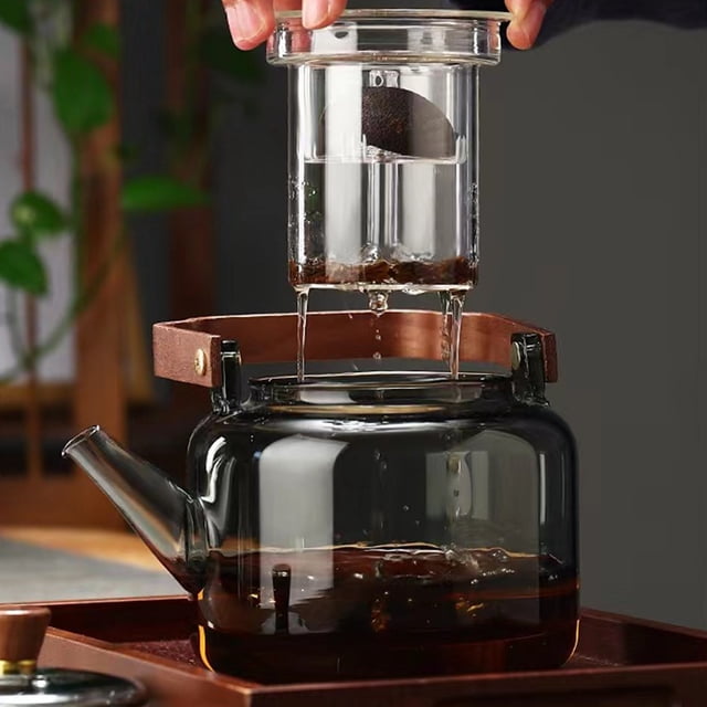 Fwttom Home Decor High Borosilicate Glass Teapot Made of Walnut Wood Gray Boiling Teapot Double Bladed Teapot Open Flame Heating Lifting Beam Teapot