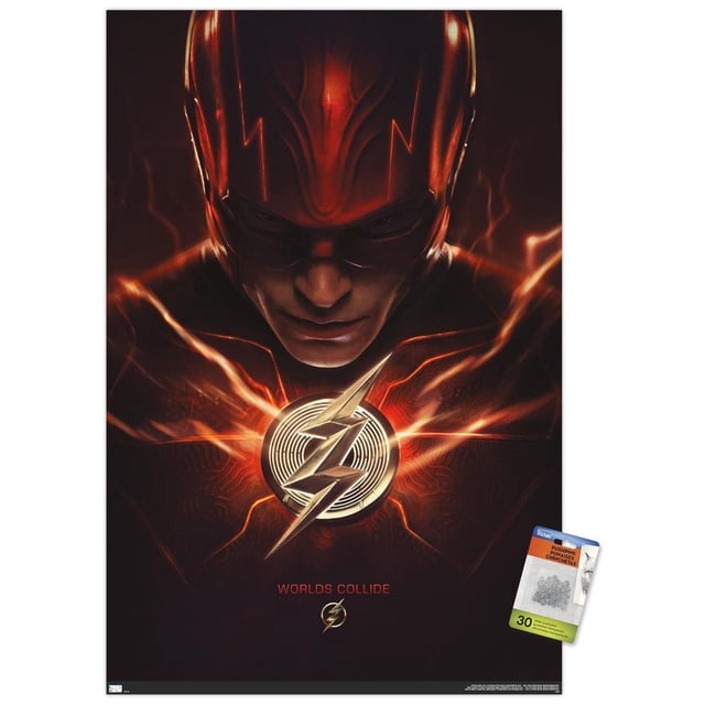 DC Comics Movie The Flash - The Flash One Sheet Wall Poster, 22.375" x 34" featuring a centered close-up of The Flash's chest emblem with a silver lightning bolt surrounded by glowing red and orange electric streaks on a dark background, with the text 'Worlds Collide' below, suitable for decorating bedrooms, offices, or dorm rooms.