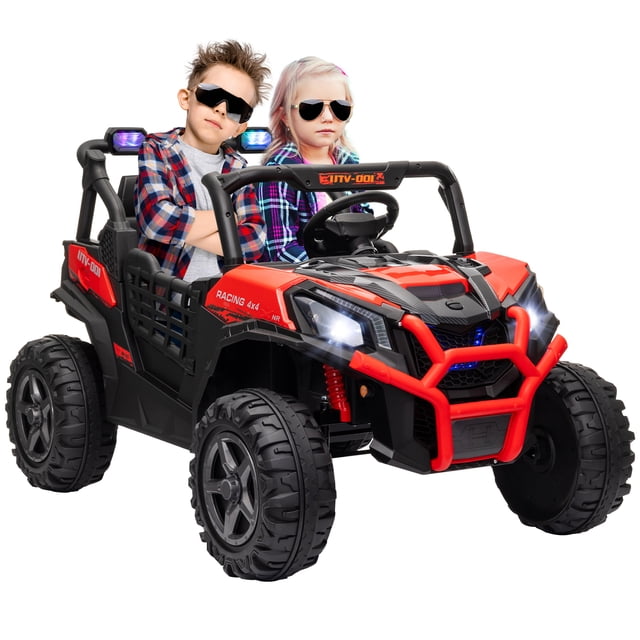 Qaba 2 Seater 24V Electric Car for Kids with Remote Control in red, featuring a rugged design with dual motors, spring suspension on rear wheels, and safety belts. The car includes integrated lights, music, and a horn for an engaging experience. Suitable for children aged 3-8 years, it offers adjustable speeds and a runtime of up to 45 minutes. The vehicle is shown with two children seated, highlighting its spacious two-seater design.