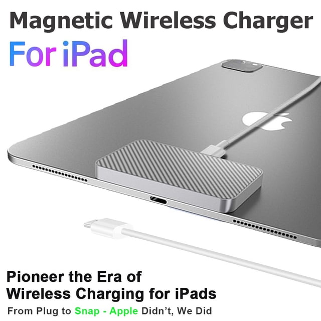 iPad Smart Connector Charger, Magnetic Adsorption Charge Pad Wireless Charging for iPad Air 10.9" 4th/5th Gen. A compact, lightweight magnetic wireless charger with a textured surface, designed to attach securely to the back of an iPad via the Smart Connector. It includes a USB-C cable for power input, freeing the iPad's USB-C port for external devices like SSDs or cameras. Compatible with iPad Pro and iPad Air models, it supports up to 18W fast charging. Slim and portable, suitable for travel and everyday use.