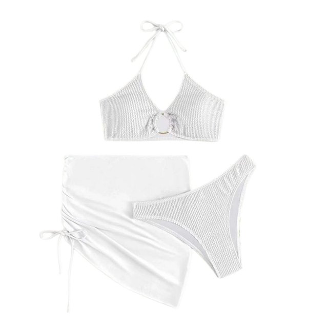 3 Pcs/Set Women Bikini Set Sexy Halter Neck Drawstring Backless Pleated Beach Skirt Set Beachwear