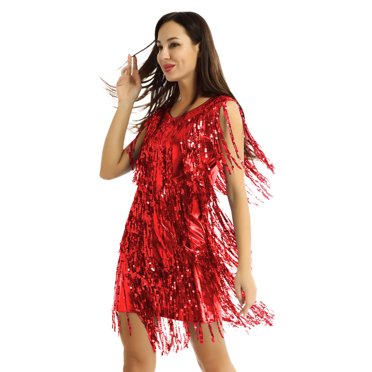Aiihoo Women's Salsa Latin Tango Cha Cha Dance Dress Sequins Tassel Flapper Dress Ballroom Costume Red L