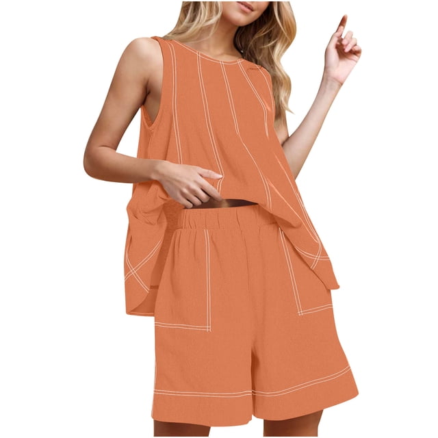 Womens Two Piece Lounge Set Summer Vacation Outfits Patchwork Sleeveless Tank Top and Shorts Sets with Pockets
