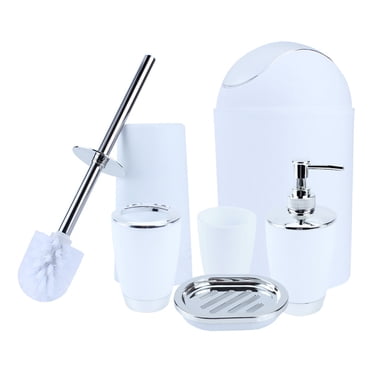 HURRISE Ensemble d'Accessoires de Salle de Bain 6 Pcs, Ensemble de Bain en Plastique Bouteilles de Lotion, Porte-Brosse à Dents, Tasse à Dents, Porte-Savon, Brosse de Toilette, Poubelle, Blanc