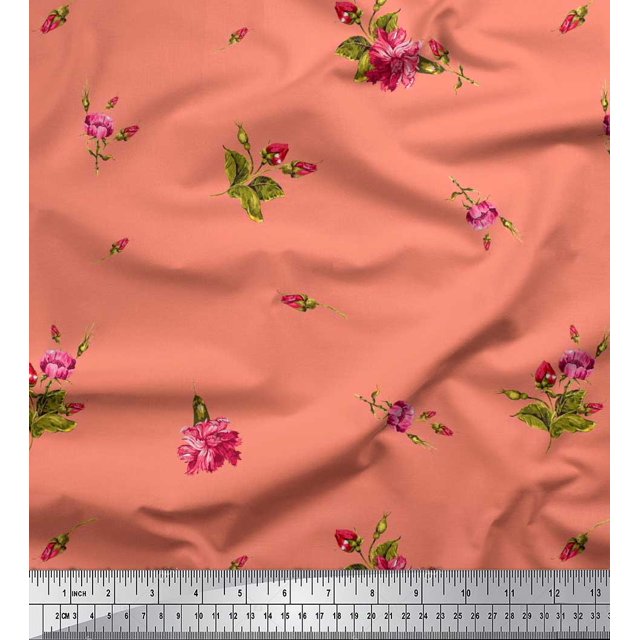 Soimoi Polyester Crepe Fabric Leaves & Carnation Floral Printed Craft Fabric by The Yard 42 Inch Wide