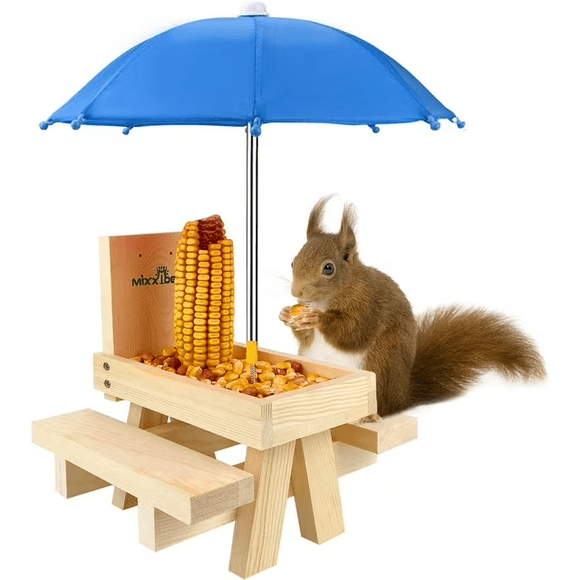 Urban Deco Squirrel Feeder Picnic Table with Umbrella, Wooden Squirrel Feeders for Outside with Corn Cobs, Cute Chipmunk Feeder with Solid Structure for Squirrel Gift (Blue)