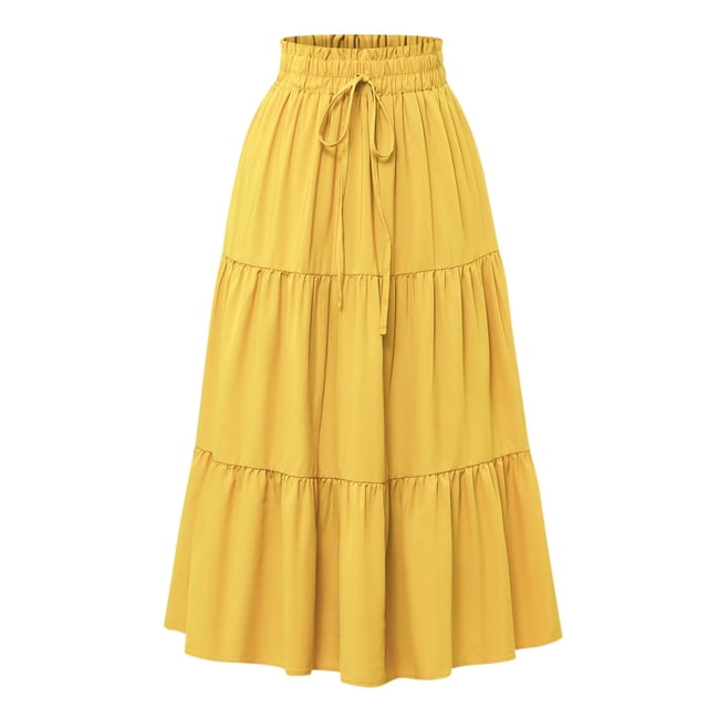 Bocqde Women's Boho Maxi Skirts Summer Fashion Casual Drawstring Elastic High Waist Long Skirt Solid Color Flowy A Line Ruffle Swing Skirt