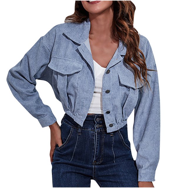 CEHVOM Ladies Fashion Solid Color Corduroy Jacket Drop Shoulder Long Sleeve Short Coat Clearance