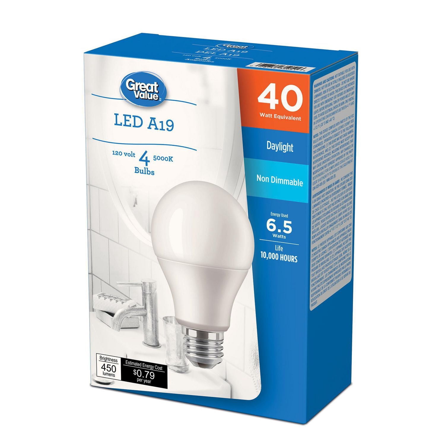 Great Value 40W A19 Daylight LED bulbs 4-pack