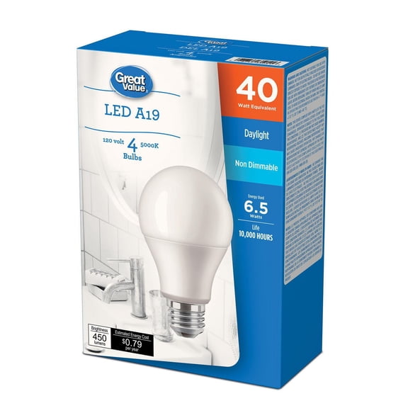 Ampoules DEL Great<br>Value A19 40 W lumière<br>du jour, paq. de 4