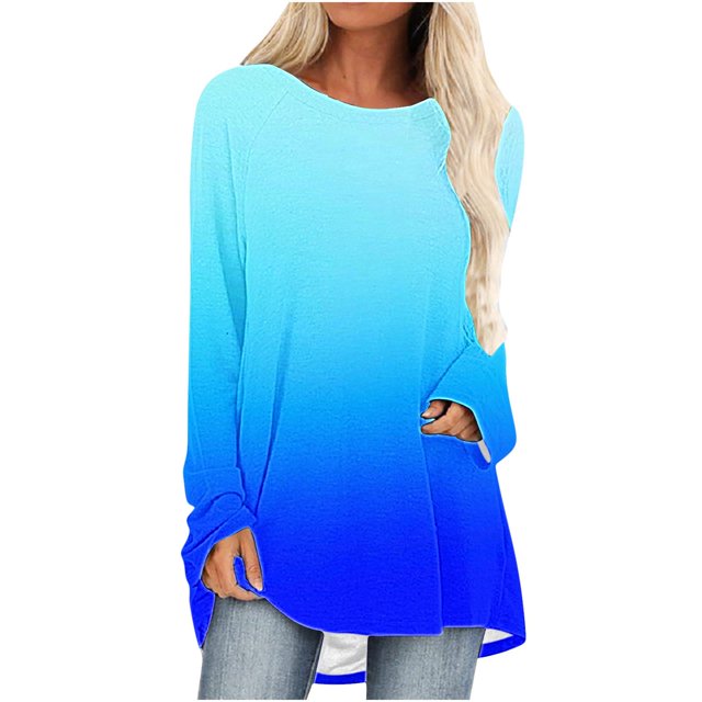 Annhoo Hauts Grande Taille pour Femmes Automne Manches Longues Col Rond Chemises Habillées Amples Confortables Tuniques Couleur Dégradée