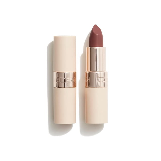 GOSH - Luxury Nude Lips - 003 Stripped vegan lipstick in a beige matte tube with a rose gold metallic band embossed with the GOSH logo, featuring a semi-matt nude shade bullet with intense colour pay-off and hydrating, long-lasting formula.