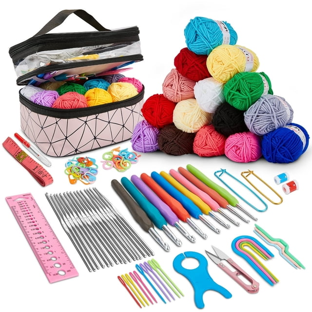 EASTIN Crochet Kit for Beginners, a 105-piece crochet starter kit featuring 18 vibrant yarn colors, 24 ergonomic crochet hooks, and 62 accessories. Includes a double-layer storage bag with a geometric pattern for organization. Ideal for kids and adults learning crochet, with tools for creating scarves, hats, and blankets. The ergonomic hooks reduce hand fatigue, and the kit is perfect for travel or gifting.