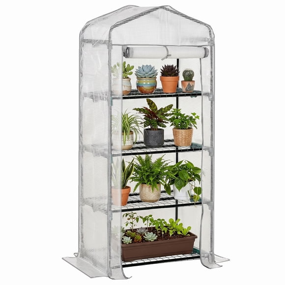Outsunny Serre Portable avec Étagères à 4 Niveaux, Maison Chaude Extérieure, Blanc