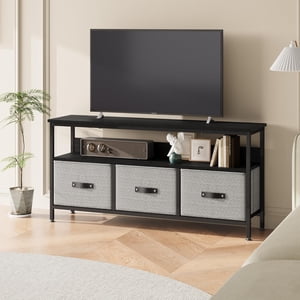 55 Inch TV Stand for Living Room, TV Stand with 3 Drawers, Compact Entertainment Centre with Storage Solutions, TV Console Table for Bedroom, Black Finish with Grey Drawers