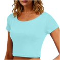 thumbnail image 2 of VSSSJ Hauts Courts pour Femmes Manches Courtes Col Rond Extensible Chandail Décontracté Ajusté Uni Confortable Été Basique T-Shirts Courts Bleu Pâle Taille Unique, 2 of 4